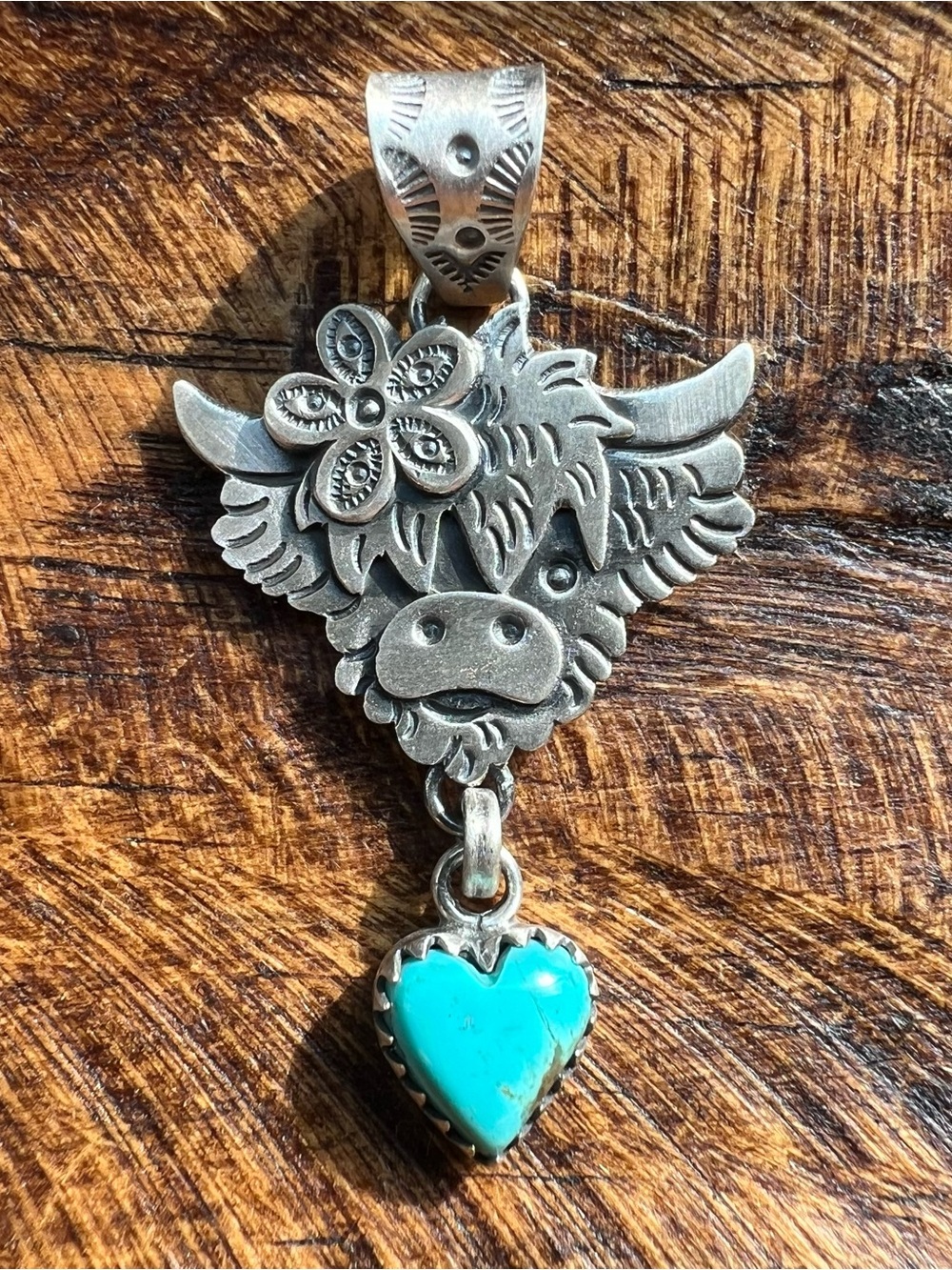 Sterling Silver Kingman Turquoise Highland Cow Heart Pendant